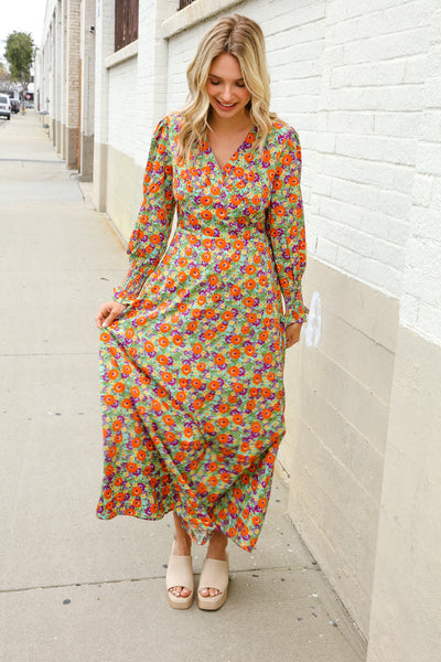 Dazzle in Silky Sage & Coral Floral V Neck Smock Ruffle Sleeve Maxi