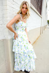 Stunning in Strap Bustier White & Blue Floral Tiered Chiffon Maxi Dress