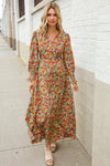Dazzle in Silky Sage & Coral Floral V Neck Smock Ruffle Sleeve Maxi
