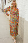 Dazzle in Silky Sage & Coral Floral V Neck Smock Ruffle Sleeve Maxi
