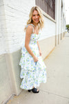 Stunning in Strap Bustier White & Blue Floral Tiered Chiffon Maxi Dress
