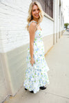 Stunning in Strap Bustier White & Blue Floral Tiered Chiffon Maxi Dress