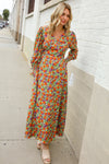 Dazzle in Silky Sage & Coral Floral V Neck Smock Ruffle Sleeve Maxi