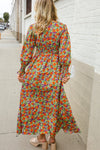 Dazzle in Silky Sage & Coral Floral V Neck Smock Ruffle Sleeve Maxi