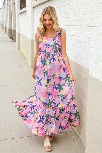 Find Love Pink Floral Back Tie Ribbon Ruffle Hem Frill Shoulder Strap Maxi