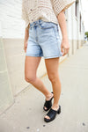 Judy Blue Light Wash Midrise Stitch Hem Semi Distressed Shorts