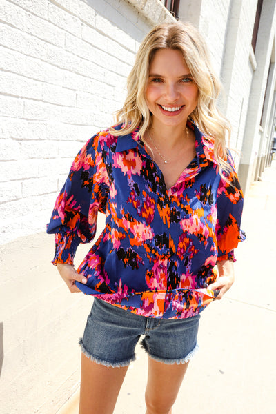 Dazzle in Cobalt Blue Abstract Print Button-Down Smocked Sleeve Blouse