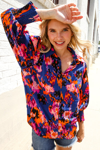 Dazzle in Cobalt Blue Abstract Print Button-Down Smocked Sleeve Blouse
