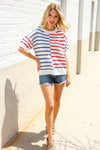 Patriotic Red & Blue Stripe Drop Shoulder Oversize Sweater Top