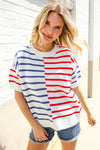 Patriotic Red & Blue Stripe Drop Shoulder Oversize Sweater Top