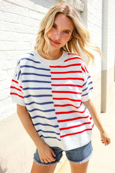 Patriotic Red & Blue Stripe Drop Shoulder Oversize Sweater Top