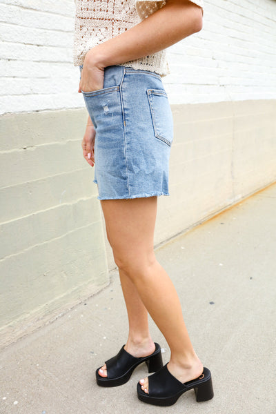 Zenana Mid Rise Light Blue Raw Hem Denim Shorts