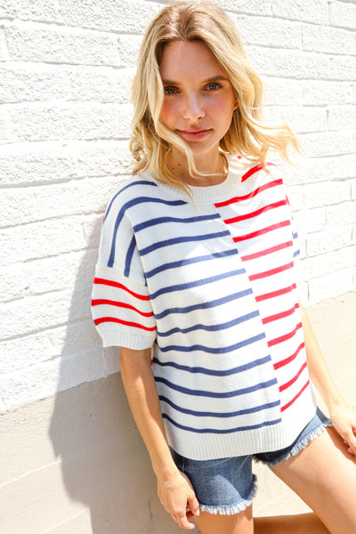 Patriotic Red & Blue Stripe Drop Shoulder Oversize Sweater Top