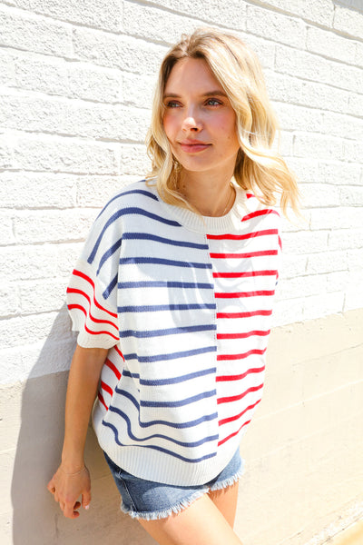 Patriotic Red & Blue Stripe Drop Shoulder Oversize Sweater Top