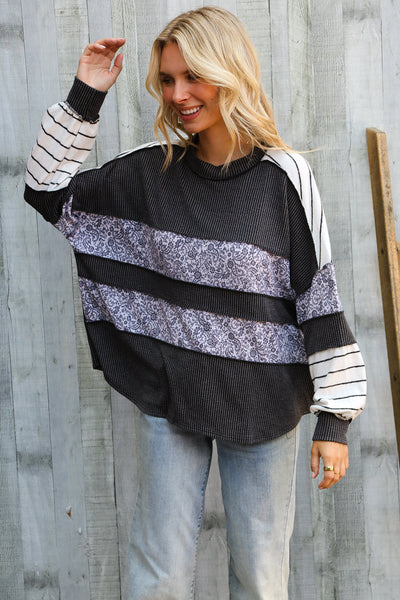 It's Go Time Charcoal Oversized Paisley Floral Print Pullover