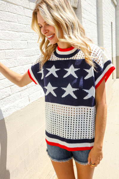Stars & Stripe Dolman Sleeve Netted Sweater Top