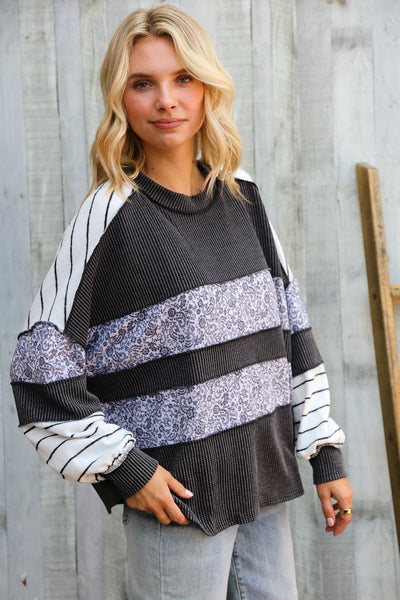 It's Go Time Charcoal Oversized Paisley Floral Print Pullover