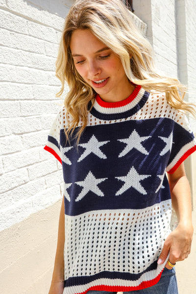 Stars & Stripe Dolman Sleeve Netted Sweater Top