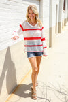 Feeling Patriotic Red Stripe Star Print Crochet Netted Pullover