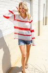 Feeling Patriotic Red Stripe Star Print Crochet Netted Pullover