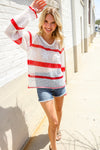 Feeling Patriotic Red Stripe Star Print Crochet Netted Pullover