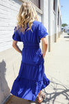 Lock Eyes Solid Blue Smocked Notched Neck Flutter Sleeve Maxi
