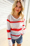 Feeling Patriotic Red Stripe Star Print Crochet Netted Pullover