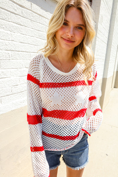 Feeling Patriotic Red Stripe Star Print Crochet Netted Pullover