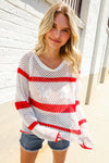 Feeling Patriotic Red Stripe Star Print Crochet Netted Pullover
