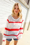 Feeling Patriotic Red Stripe Star Print Crochet Netted Pullover