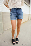Judy Blue Medium Blue Mid Rise Fray Distressed Denim Shorts