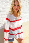 Feeling Patriotic Red Stripe Star Print Crochet Netted Pullover