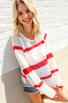 Feeling Patriotic Red Stripe Star Print Crochet Netted Pullover
