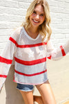 Feeling Patriotic Red Stripe Star Print Crochet Netted Pullover