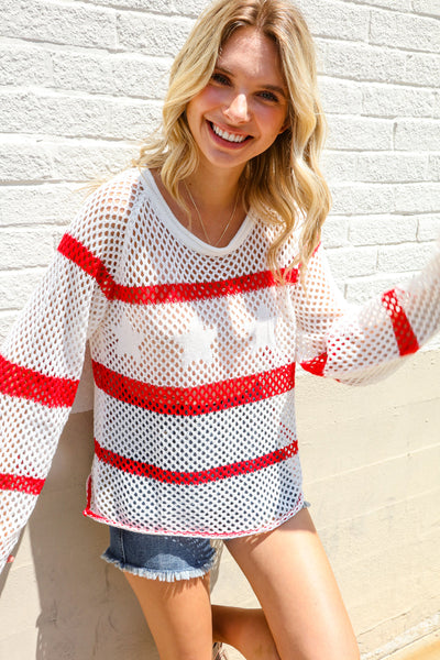 Feeling Patriotic Red Stripe Star Print Crochet Netted Pullover