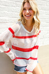 Feeling Patriotic Red Stripe Star Print Crochet Netted Pullover