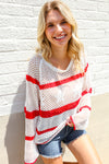 Feeling Patriotic Red Stripe Star Print Crochet Netted Pullover