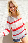 Feeling Patriotic Red Stripe Star Print Crochet Netted Pullover