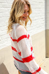 Feeling Patriotic Red Stripe Star Print Crochet Netted Pullover