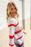Feeling Patriotic Red Stripe Star Print Crochet Netted Pullover