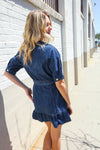 Put Together In Cotton Denim Button Down Belted Ruffle Mini Dress
