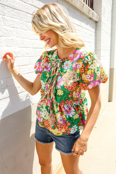Spring Vibes Green Floral Ribbon Tie Babydoll Top