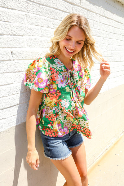 Spring Vibes Green Floral Ribbon Tie Babydoll Top