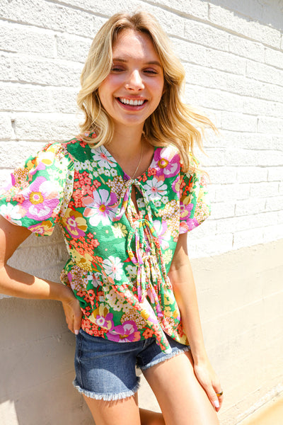 Spring Vibes Green Floral Ribbon Tie Babydoll Top