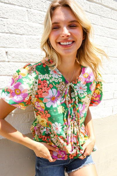 Spring Vibes Green Floral Ribbon Tie Babydoll Top