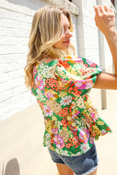 Spring Vibes Green Floral Ribbon Tie Babydoll Top