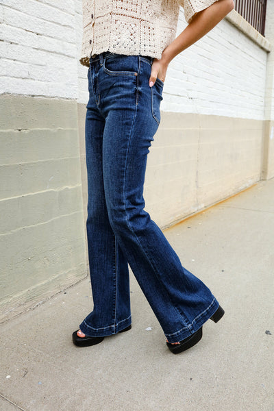 Judy Blue High Rise Trouser Flare Dark Wash Denim Jeans