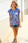 Perfect Find Blue Floral Leaf Print Short Sleeve Babydoll Top