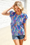 Perfect Find Blue Floral Leaf Print Short Sleeve Babydoll Top