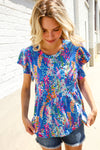 Perfect Find Blue Floral Leaf Print Short Sleeve Babydoll Top